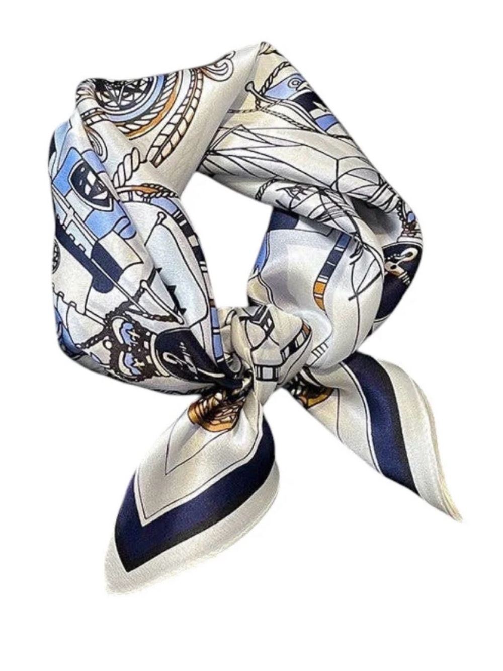 Source Unknown Nautical-Print Silk-Feel Neck Scarf in White, Navy & Gold